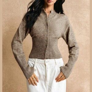 Heathered Taupe Ribbed Waist Button Front Cardigan